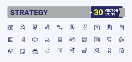 Strategy modern icon. Contain linear outline icons strategy, present, bank, planning, management, goal, money and more. Icon design. Editable vector outline and solid icons.