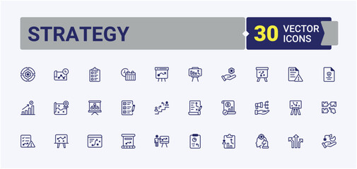 Strategy modern icon. Contain linear outline icons strategy, present, bank, planning, management, goal, money and more. Icon design. Editable vector outline and solid icons.
