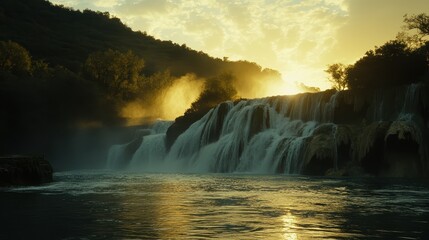 Serene Sunset Over Majestic Waterfall with Mist Rising Above