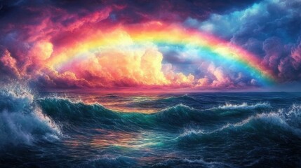 Fototapeta premium A vivid rainbow over a stormy sea, with dark clouds and crashing waves creating a dramatic scene