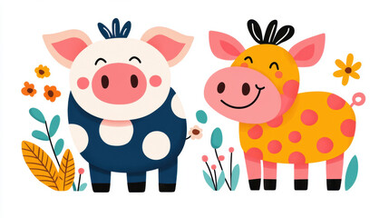 Naklejka premium Cute pig, A whimsical image of a pig and cow joyfully laughing together on a farm, showcasing a high-fidelity, vibrant scene.