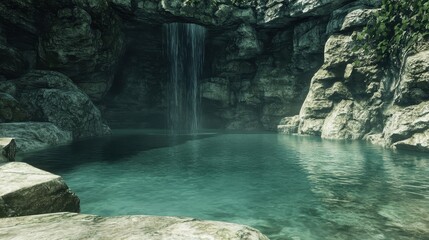 Naklejka premium Serene Waterfall in a Lush Green Landscape with Calm Pool