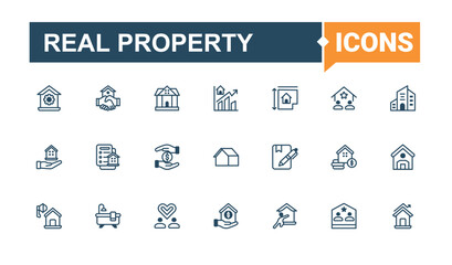Real Property line icons. Pack of marketing, residential, sale, rent, insurance, real, search, family. Minimalistic icon. Vector line and solid icons.