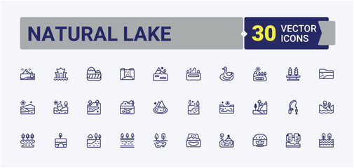 Natural Lake icons set in linear style. Featuring park, lake, environment, graphic, agriculture, mill, mountain and more. Flat icon. Solid line editable stroke. Vector line and solid icons.
