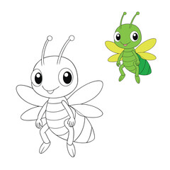 A playful grasshopper cartoon character with big eyes and long legs, hopping on a bright green grass field, ready to color with vibrant hues and fun details.