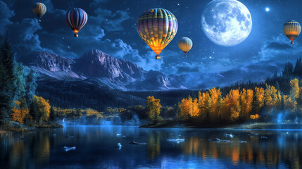 Fototapeta premium Night landscape with flying hot air balloons, lake, mountains and moon in sky. Vector cartoon illustration of airships with baskets fly over river, coniferous forest on shore and rocks