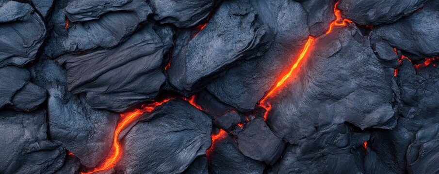 A striking display of hot red lava seeping through dark volcanic rock creates a dramatic texture and background. The fiery contrast offers ample copy space for various design needs