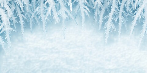 Obraz premium Delicate icicles hang gracefully showcasing intricate frost patterns against a soft blue backdrop. This tranquil winter texture provides ample space for creative use perfect for design projects