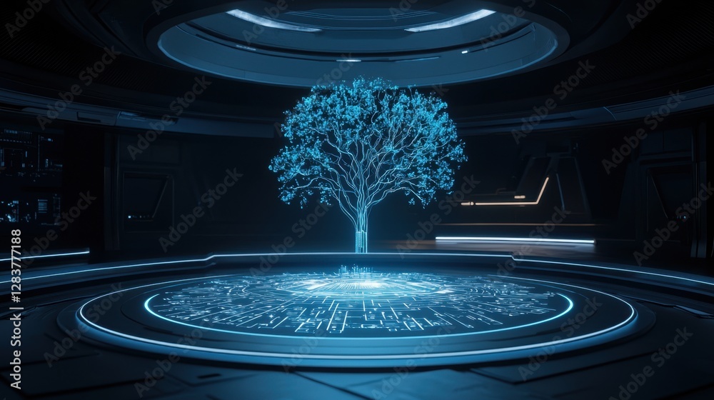 Poster futuristic illuminated tree in a high-tech environment with digital patterns and glowing effects in 