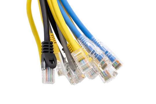 Multi colored network cables with molded RJ45 plug on transparent background (PNG File)