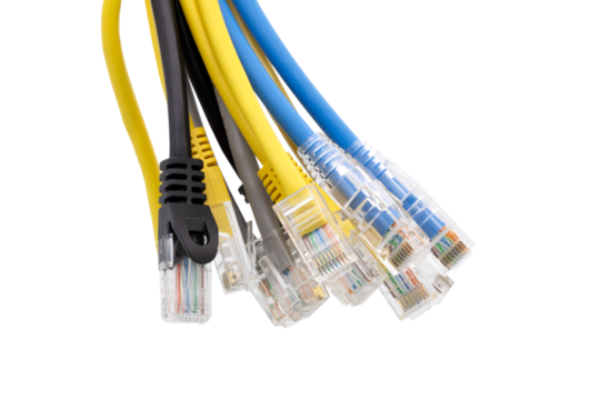 Multi colored network cables with molded RJ45 plug on transparent background (PNG File)