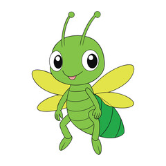 A cheerful grasshopper cartoon character with big, expressive eyes, long antennae, and a playful smile. Its green body is lively, with strong legs ready to jump into fun!