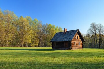 Obraz premium A quaint wooden cabin sits in a lush green field, embraced by trees beneath a vast blue sky, evoking serenity in a peaceful rural landscape.