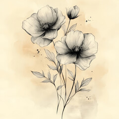Hand drawn poppies on old paper background.
