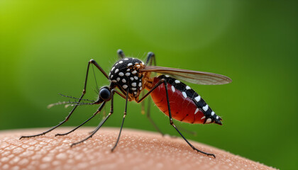 Naklejka premium A highly detailed macro photograph of an Aedes mosquito with black and white striped legs and a dark body covered in white spots.