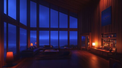 Fototapeta premium Nighttime mountain view luxury home interior