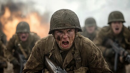 Fototapeta premium Intense Military Soldier Charge during Battle with Explosions in Background, Dramatic War Scene Featuring Emotion and Action