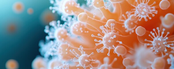 Vivid texture of microorganisms showcases intricate patterns and forms featuring a blend of colors. This backdrop offers ample copy space ideal for scientific and educational uses