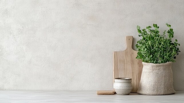Kitchen herbs, wooden board, textured wall. Food blog background