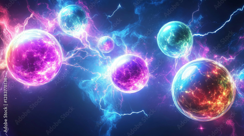 Wall mural magic game balls set isolated on transparent background. vector realistic illustration of neon color