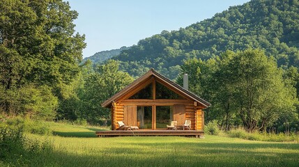 Obraz premium A cozy wooden log cabin nestled in a grassy meadow, embraced by trees and untouched nature in a serene countryside setting.