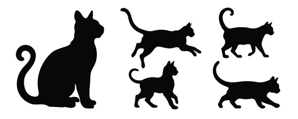 cat on white background. Collection of cat silhouettes in various forms. Side view and full body for design. Vector illustration.