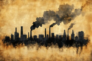 Obraz premium Industrial Cityscape with Smokestacks and Pollution Background