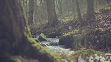 Serene Forest Creek: A Tranquil Nature Scene with Sunlight Filtering Through the Trees