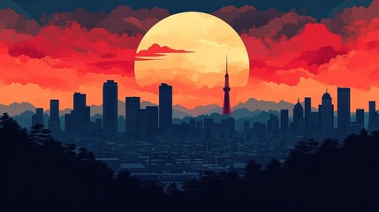 Naklejka premium Sunset Cityscape Silhouette, Night View