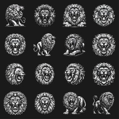 fierce roar growling lion head Tattoo engraving template