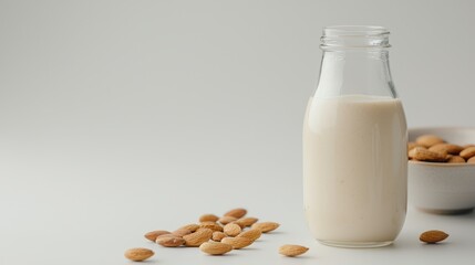 Fresh Almond Milk in Glass Bottle with Almonds on White Background for Healthy Lifestyle and Vegan Diet
