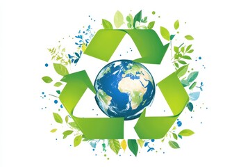 Green Earth with Recycling Symbols and Leaves Representing Sustainability