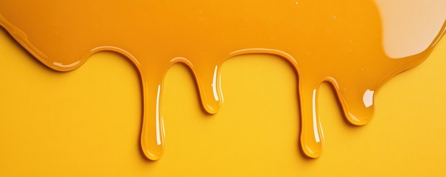 Golden honey flows and drips across a vibrant yellow surface creating an appealing and eye-catching texture with plenty of room for text and design elements