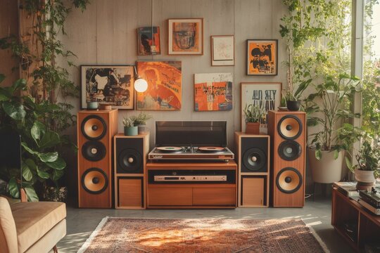 Living room with vintage hi fi stereo system playing music and abstract art on the wall