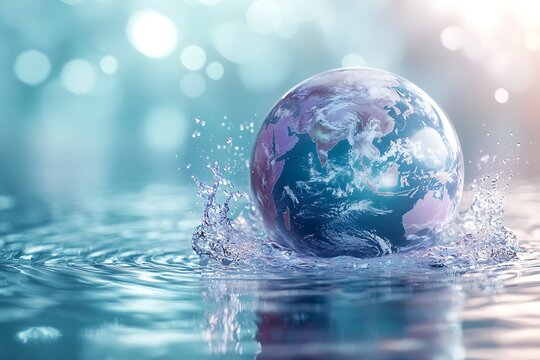 Planet Earth in the form of a globe in transparent water with splashes.