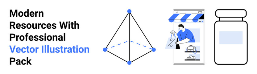 Geometric 3D shape, online shopping interface with a man packaging items, and medicine bottle. Ideal for e-commerce, 3D modeling, health, technology, marketing, education flat landing page banner