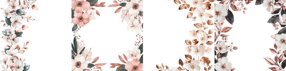 Fototapeta premium Soft delicate floral arrangement with blush pink flowers white blossoms and lush green leaves and branches on a neutral background Romantic elegant and botanical design