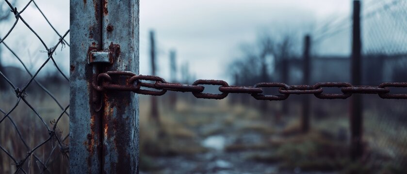 A rusted chain secures an aged gate, evoking a sense of abandonment and nostalgia amidst a wintry, desolate scene.