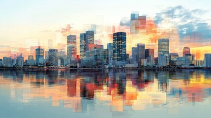 Fototapeta premium Cityscape reflection on water presents modern urban architecture scene