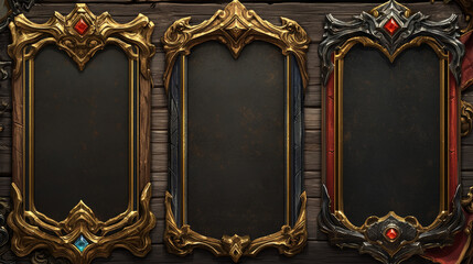 Empty rectangle frames in medieval style for game ui design. Vector cartoon set of user interface elements with golden, bronze and silver ornate border, ranking progress panel isolated on background