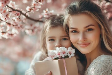 Mother and daughter celebrating mother's day with gift and flowers under blooming tree