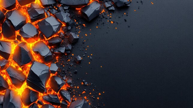 A captivating glowing coal texture showcases jagged black rocks illuminated by vibrant orange hues providing a striking backdrop with plenty of space for custom text or graphics