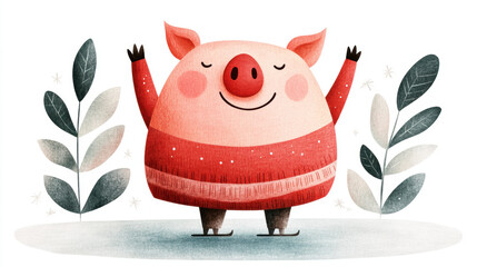 Obraz premium Cute pig, A joyful pig ice-skating on a frozen pond, captured in high fidelity, perfect for winter-themed imagery or animal illustrations.