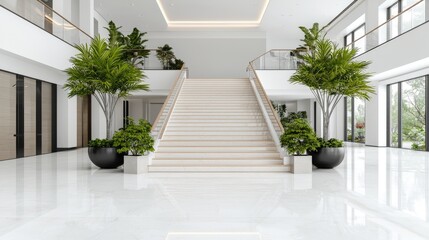 Grand staircase in modern building lobby with plants