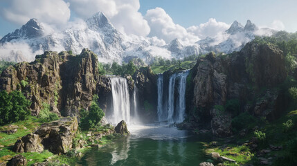 Mountain landscape with waterfall. Vector cartoon illustration of nature scene with river fall off stone ledge in lake with rocks and green grass. Cascade water flow off cliff