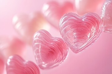 Fototapeta premium dreamy crystalline heart-shaped candies in soft focus, arranged in an elegant spiral pattern against blush pink gradient, delicate romantic mood