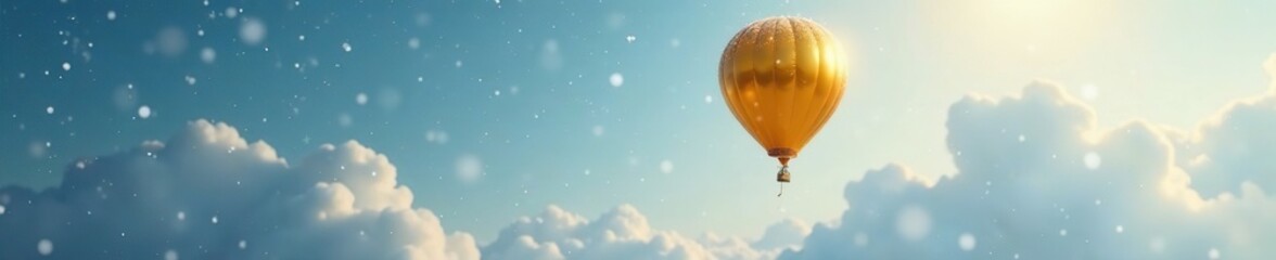 Fototapeta premium A golden balloon gently drifting down from the sky with snowflakes, white, cold weather