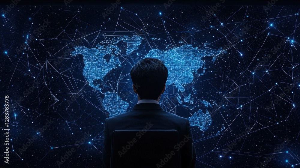 Poster business professional observing a dynamic digital world map with interconnected data points and glow