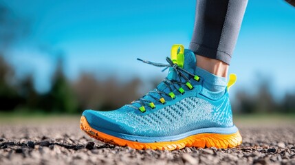 Naklejka premium Colorful running shoe on gravel path with vibrant blue and orange design, showcasing modern athletic footwear in action against clear blue sky