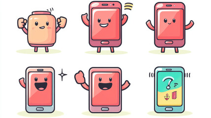 Cute smartphone character, mobile phone mascot in different poses. Vector cartoon set of gadget with thumb up, stock market graph, full battery charge and laugh